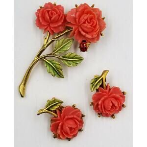 Signed J J Plastic Celluloid Pink Rose Floral Lady Bug Brooch Pin Earrings W2944